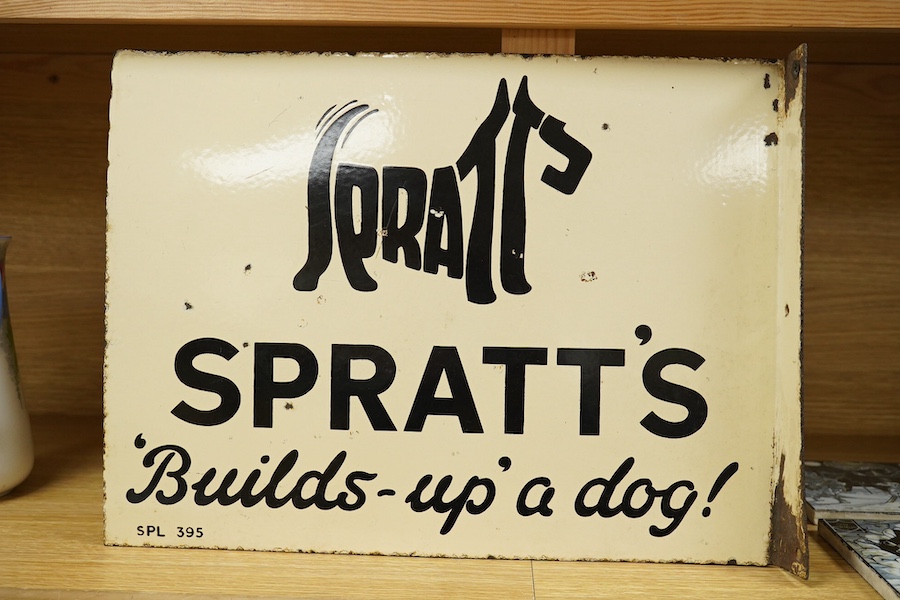 A double sided Spratt's enamel advertising tin sign, 40cm wide. Condition - fair